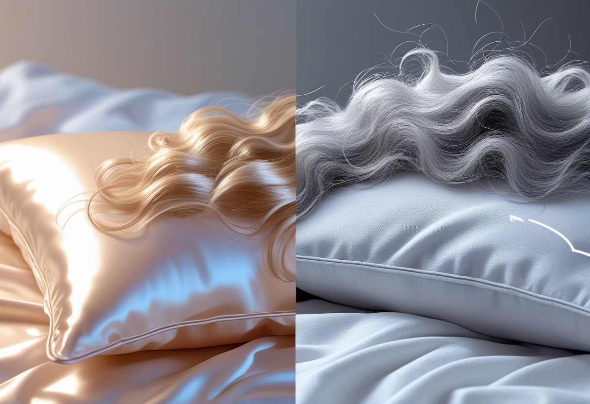 مقارنة جنبًا إلى جنب للشعر يستريح على حقيبة وسادة حريرية وشعر مستريح على وضع وسادة قطنية ، يظهر شعرًا ناعمًا وصحيًا على جانب الحرير والشعر المجعد على جانب القطن.