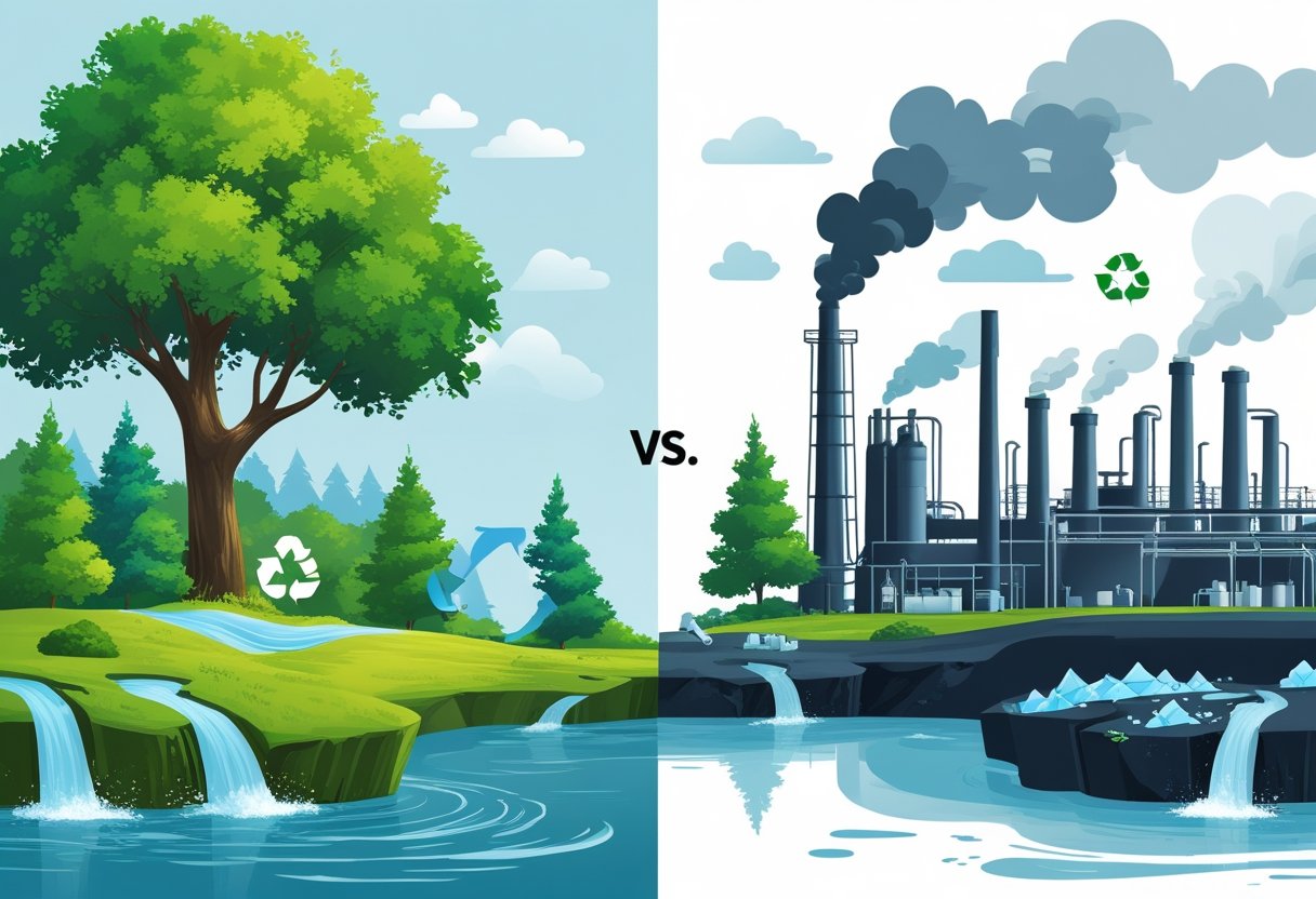 مشهد منقسم يظهر الأشجار الخضراء والمياه النظيفة على جانب واحد يمثل ليوسيل ، ودخان المصنع مع نفايات بلاستيكية على الجانب الآخر الذي يمثل البوليستر.