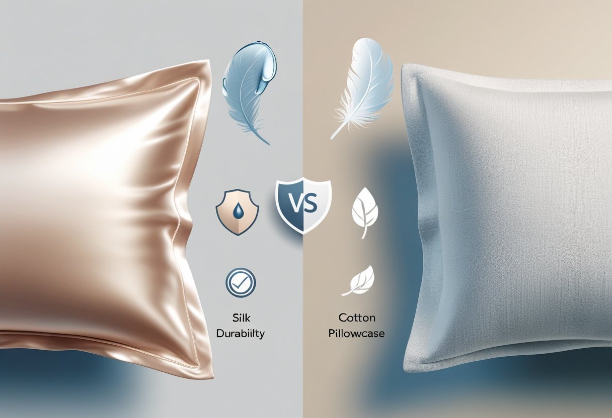 رسم توضيحي جنبًا إلى جنب لوسائد الحرير مع قطرات الماء ووسادة قطنية مع نسيج منسوج ، يسلط الضوء على خلافاتهم في المتانة والرعاية.